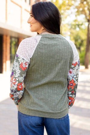Alternative view of Laurel Green Floral Patchwork Long Sleeve Ribbed Blouse