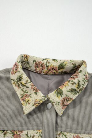 Medium Grey Ribbed Retro Floral Patchwork Shirt Style Jacket - Image 9