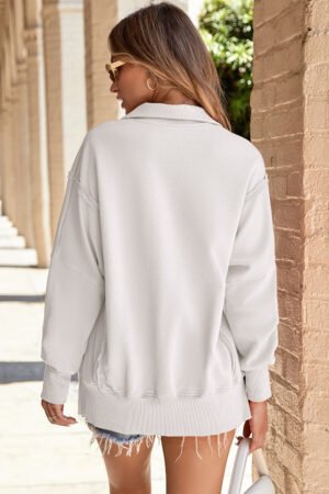 White Buttoned Collared Raw Detail High Low Baggy Sweatshirt with Slits - Image 2