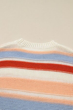 Pink Striped Colorblock Round Neck Drop Shoulder Sweater - Image 11