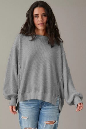 Gray Waffle knit Bishop Sleeve Split Oversized Top - Image 2