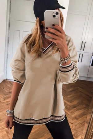 Parchment Varsity Contrast Striped Trim V Neck Sweatshirt - Image 2