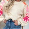 Beige Embroidered Floral Sleeve Round Neck Loose Sweater
