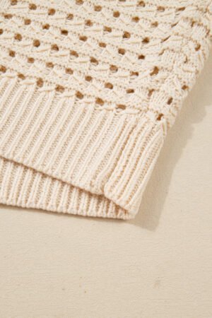 Beige Hollowed Pattern Knit Zip Up Drop Shoulder Sweater Cardigan - Image 10