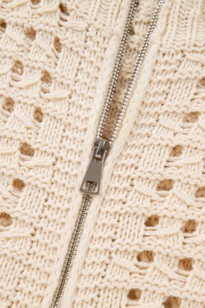 Beige Hollowed Pattern Knit Zip Up Drop Shoulder Sweater Cardigan - Image 12