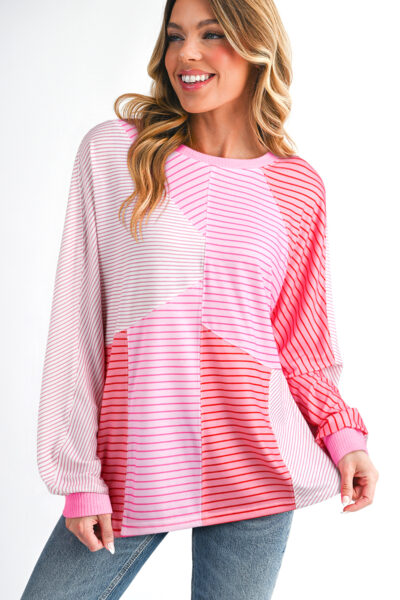 Sachet Pink Striped Colorblock Exposed Seam Casual Long Sleeve Top