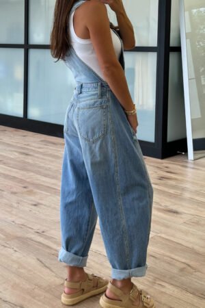 Dusk Blue Adjustable Buckle Barrel Denim Overalls - Image 2