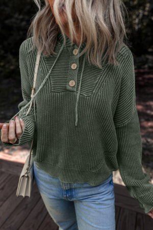 Mist Green Mineral Wash Ribbed Knit Button Drawstring Neck Hooded Sweater - Image 7
