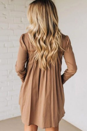 Alternative view of Straw Yellow Lace Trim Peter Pan Collar Long Sleeve Mini Shirt Dress