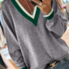 Gray Contrast Striped Trim V Neck Varsity Sweater