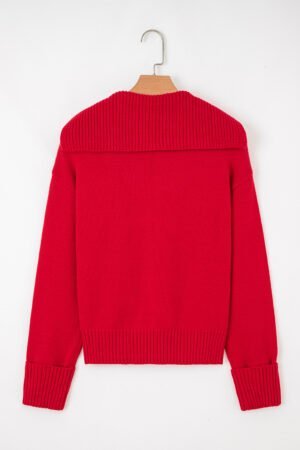 Racing Red Collared V Neck Ribbed Edge Sexy Elegant Sweater - Image 5