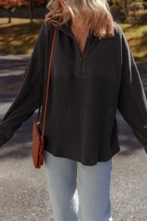 Carbon Grey Waffle Knit Patchwork Half Zipped Casual Sweatshirt - Image 4