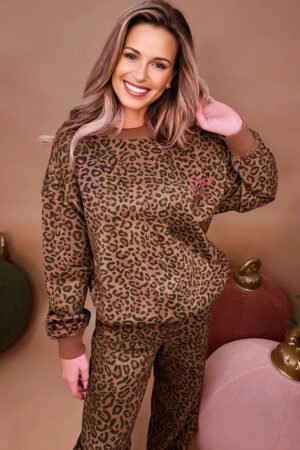 Coffee Leopard Print Contrast Trim Long Sleeve Top and Pants Set - Image 3