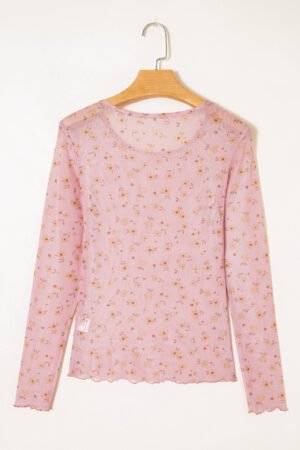 Pink Vintage Floral Print Southern Style Mesh Long Sleeve Top - Image 8