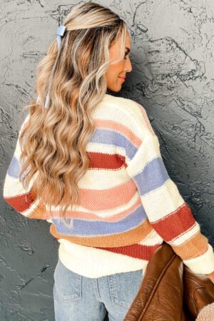 Pink Striped Colorblock Round Neck Drop Shoulder Sweater - Image 2