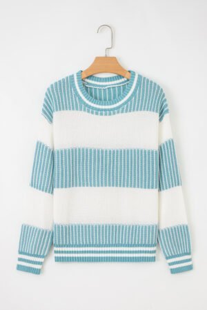 Light Blue Two Tone Striped Patchwork Drop Shoulder Loose Sweater - Image 7