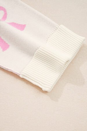 Pink Bow Print Ribbed Trim Exposed Seam Drop Shoulder Loose Sweater - Image 7