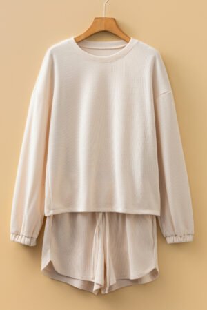 Jet Stream Solid Color Textured Knit Drop Shoulder Pullover Drawstring Shorts Set - Image 4