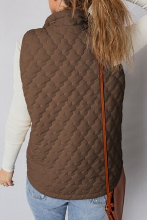 Dark Brown Flower Shape Quilted Snap Button Zip Up Winter Vest - Image 5