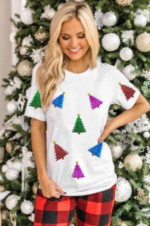 White Glitter Christmas Tree Pattern Cuffed Sleeve Christmas T Shirt - Image 4