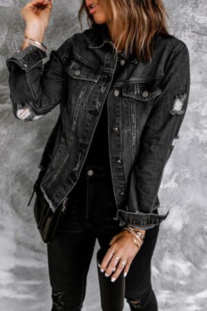 Black Lapel Distressed Raw Hem Buttons Denim Jacket - Image 4