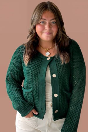 Blackish Green Plus Size Golden Accent Buttons Short Sweater Cardigan - Image 5