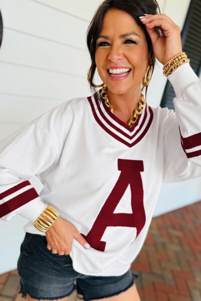 Red Dahlia Chenille Letter A Graphic Varsity Striped V Neck Puff Sleeve Sweatshirt