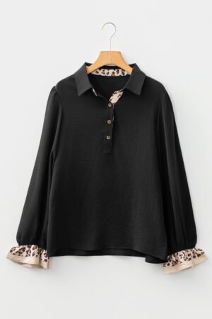 Black Contrast Leopard Print Patchwork Polo Collar Buttons Front Ruffled Long Sleeve Blouse - Image 4