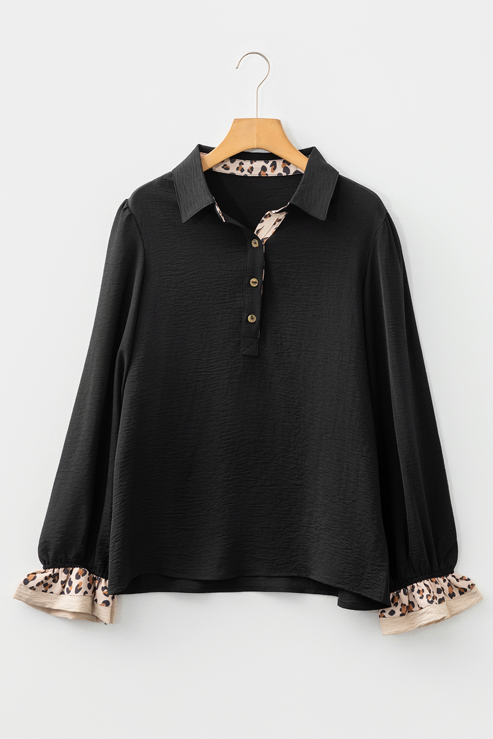 Black Contrast Leopard Print Patchwork Polo Collar Buttons Front Ruffled Long Sleeve Blouse Black Contrast Leopard Print Patchwork Polo Collar Buttons Front Ruffled Long Sleeve Blouse