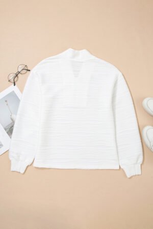 White Solid Color Textured Zip V Neck Pullover Sweatshirt - Image 4