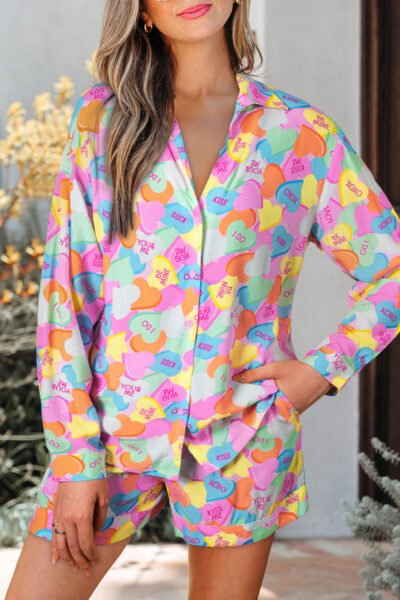 Pink Valentines Candy Heart V Neck Collared Tunic Shirt and Shorts 2pcs Pajama Set