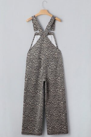 Brown Leopard Print Straight Leg Loose Denim Overall Jumpsuit - Image 5