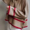 Simply Taupe Ribbed Knit Contrasted Stripe Detail Button Side Loose Sweater