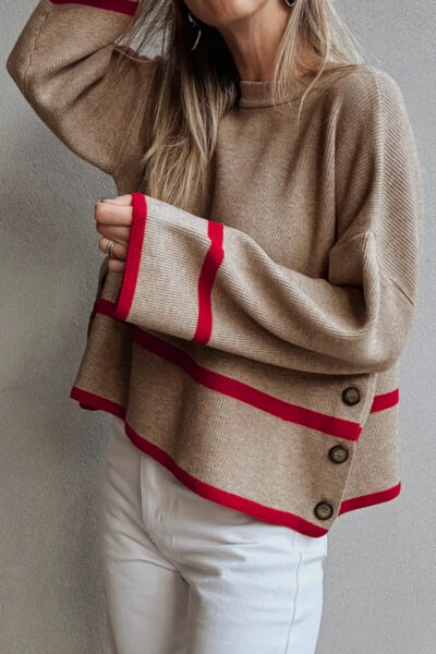 Simply Taupe Ribbed Knit Contrasted Stripe Detail Button Side Loose Sweater
