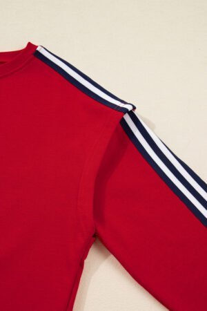 Fiery Red Contrast Striped Detail Varsity Sweatshirt - Image 7