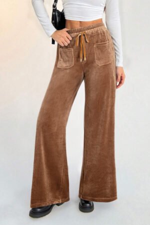 Coffee Straight Loose Drawstring Elastic High Waist Fleece Pants - Image 4