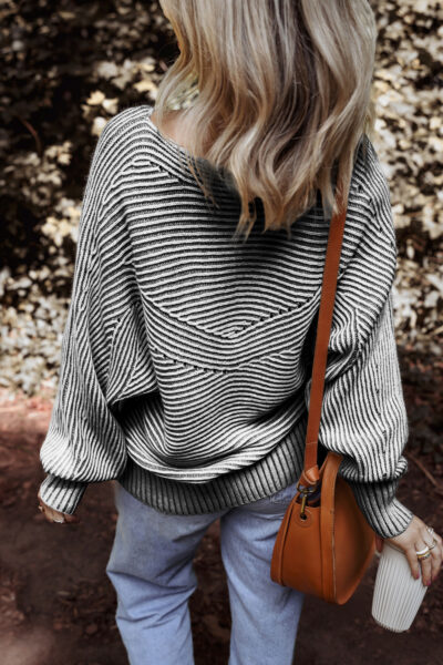 Black Striped Print Ribbed Knit Boat Neck Baggy Sweater