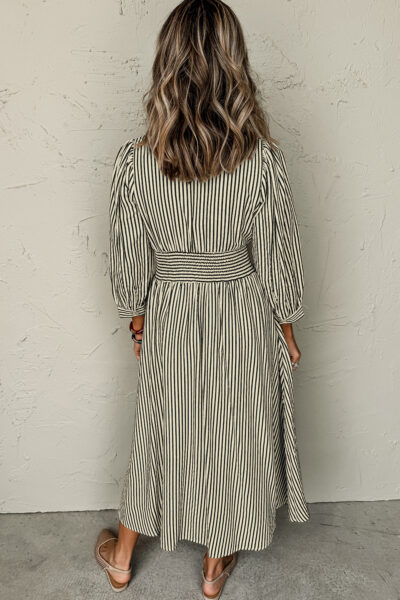 Black Stripe V Neck Zip Front Cinched High Waist Midi Dress