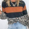 Black Color Block Leopard Patchwork Long Sleeve Casual Top