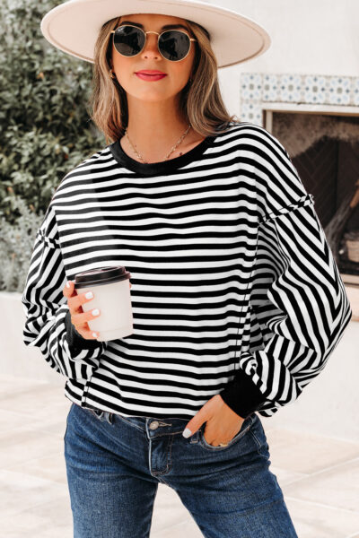 Black Stripe Exposed Seam Drop Shoulder Casual Pullover Top