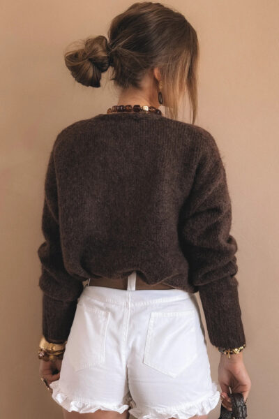 Chicory Coffee Heart Metal Button V Neck Cardigan Sweater