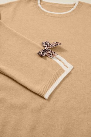 Tan Plus Size Leopard Bow Decor Split Cuffs Loose Sweater - Image 7