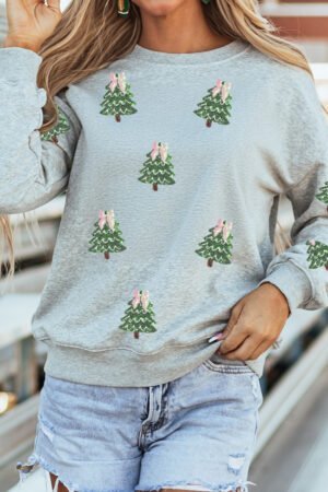 Alternative view of Gray Sequined Xmas Tree Patched Patterned Holiday Pullover Sweatshirt
