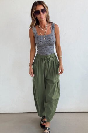 Jungle Green Drawstring Elastic Waist Patch Pocket Barrel Leg Casual Pants - Image 5