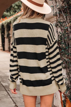 Black Stripe Drop Shoulder Sleeve Patchwork Baggy Sweater - Image 2