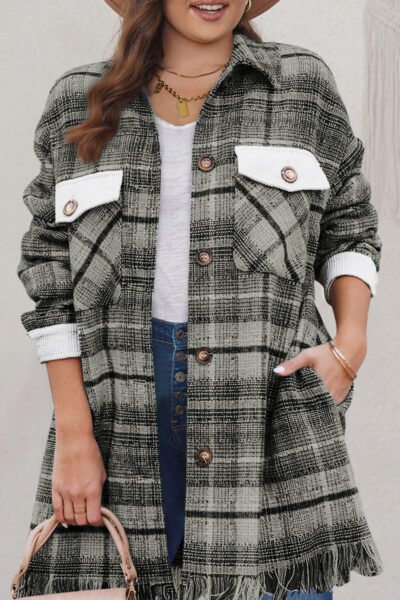 Black Plus Size Macrame Plaid Coat