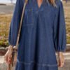 Sail Blue V Neck Collared Single Chest Pocket Long Sleeve Denim Dress