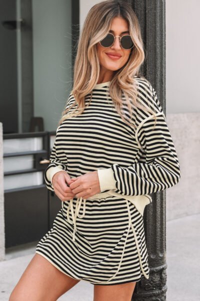 Black Stripe Textured Drop Shoulder Pullover Top Drawstring Mini Skirt Two Piece Dress Set