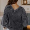 Black Mineral Wash V Neck Knit Exposed Seam Drop Shoulder Loose Sweater