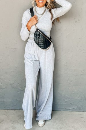 Light Grey Long Sleeve High Neck Slim Top Smocked Waist Central Seam Pants Set